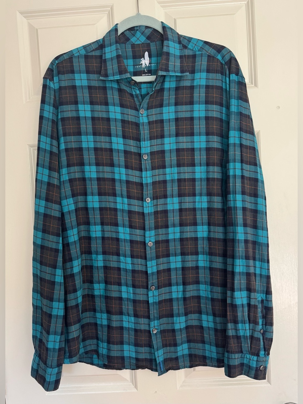 Johnnie-O Columbus Featherweight teal plaid long sleeve button up shirt men’s L